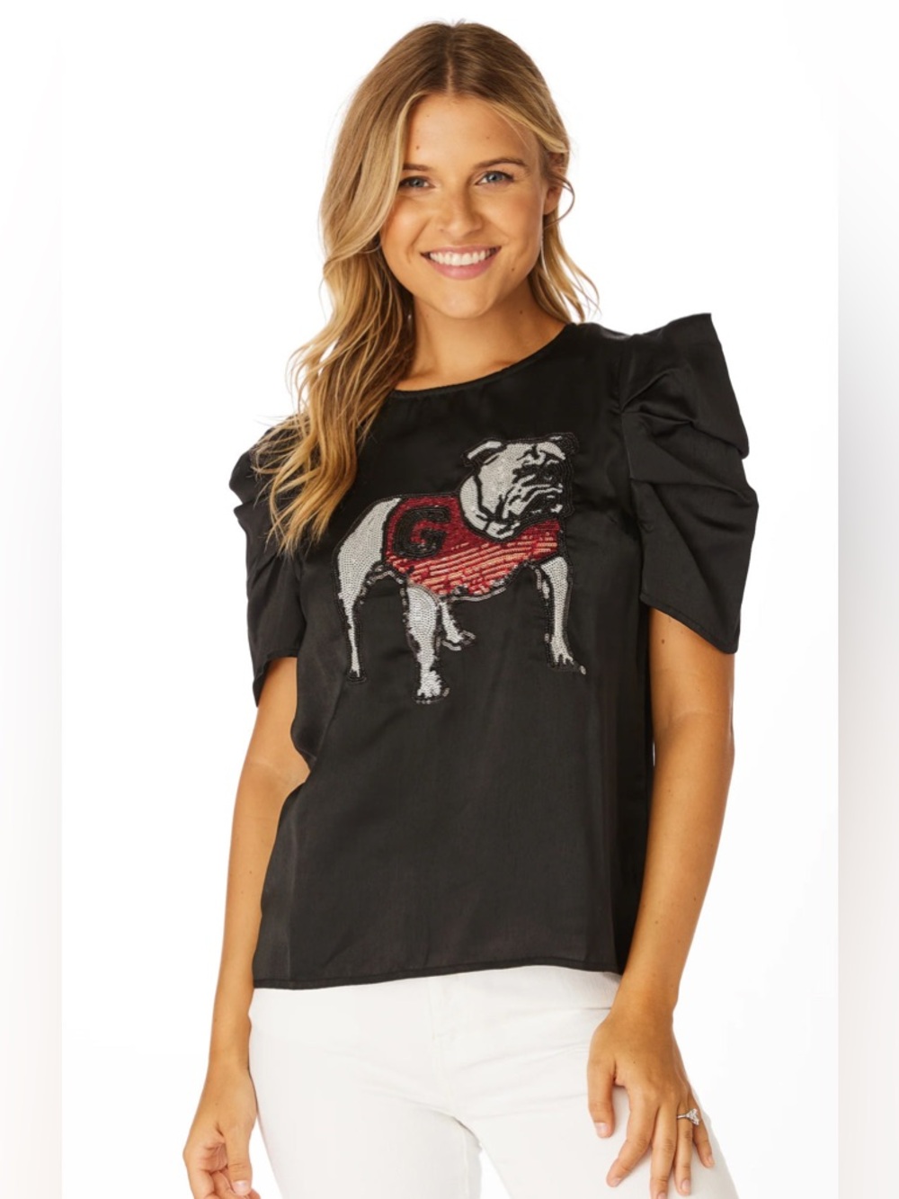 Stewart Simmons UGA Bulldogs Sequin Puff Sleeve Satin Top Size M Black